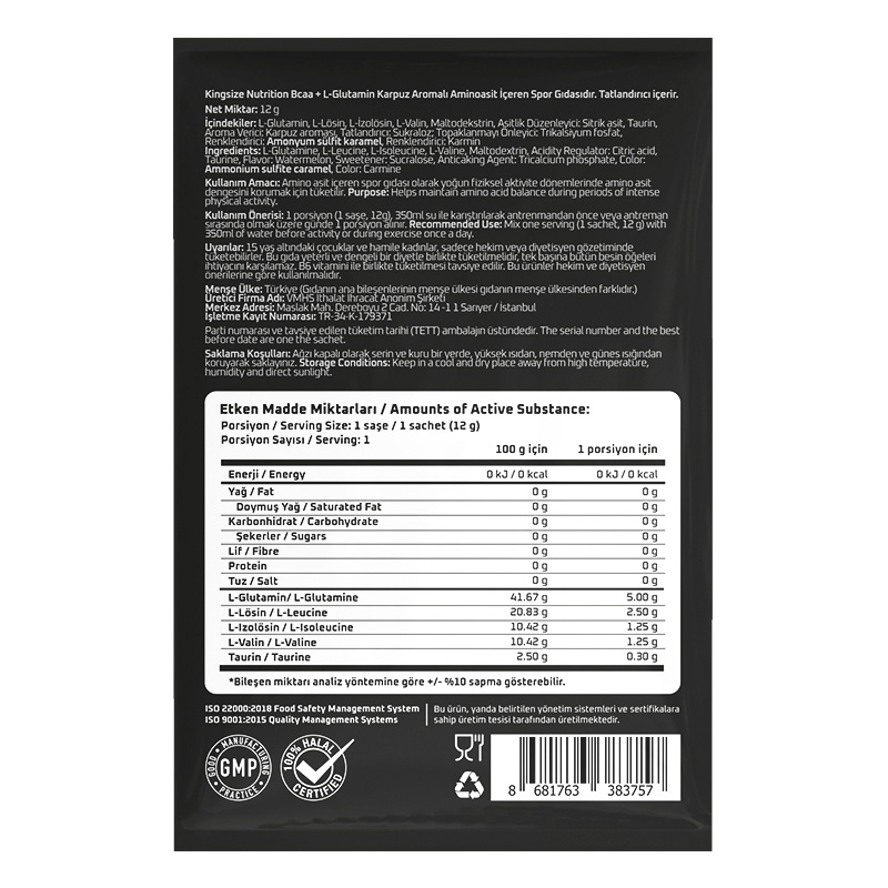 Kingsize Nutrition BCAA + Glutamine Powder 12 Gr 1 Saşe