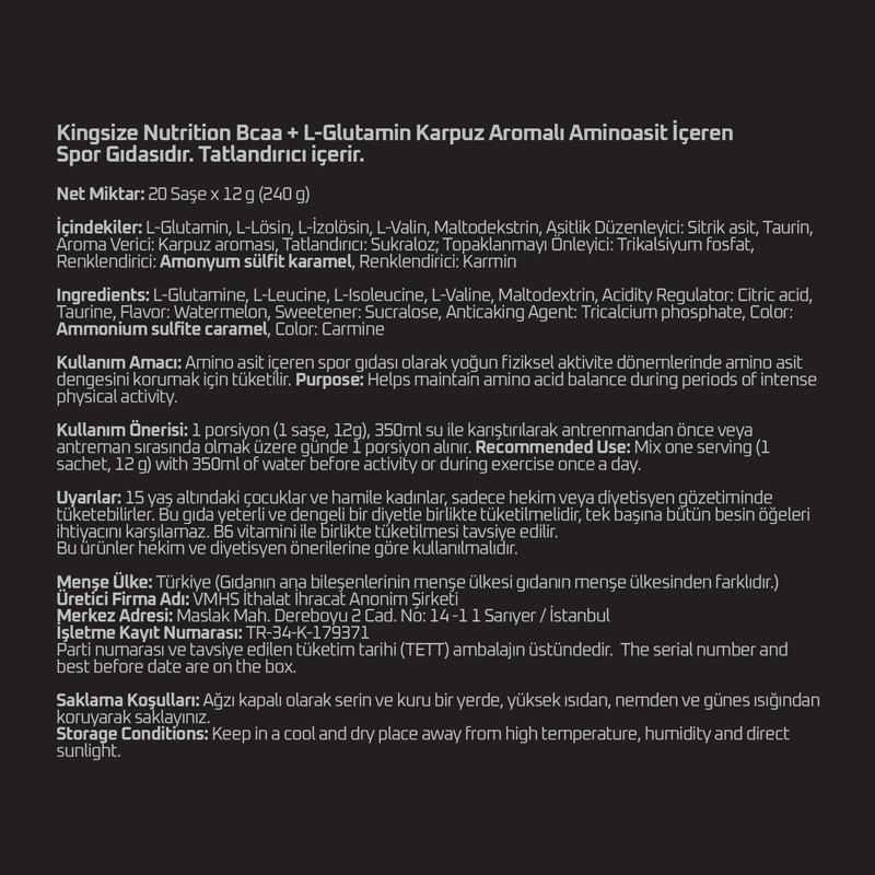 Kingsize Nutrition BCAA + Glutamine Powder 12 Gr 20 Saşe