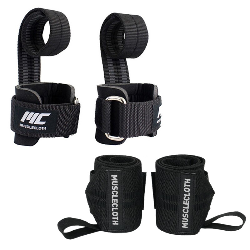 MuscleCloth Big Grip Pro Lifting Straps + Pro Wrist Wraps Seti Siyah