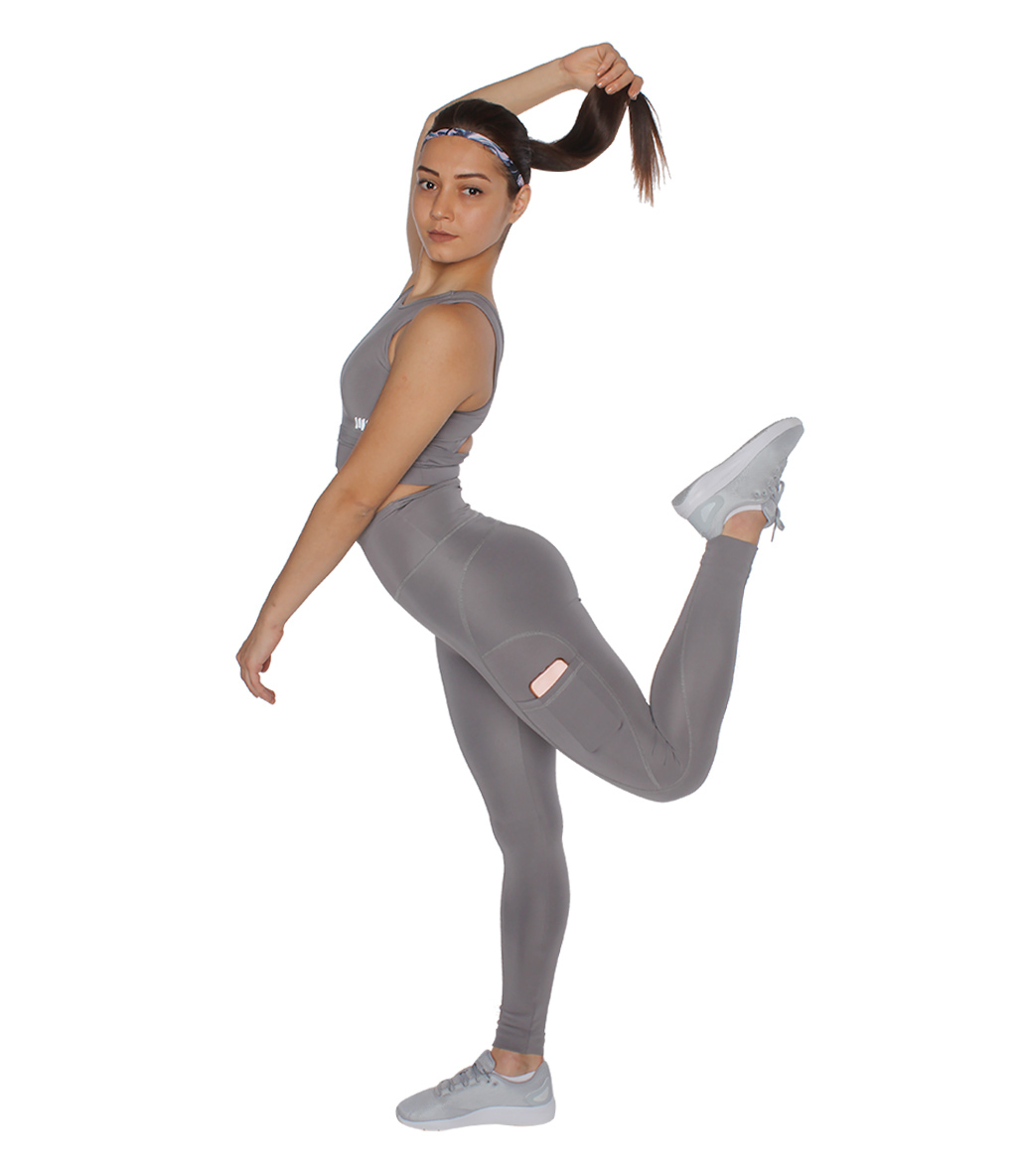 MuscleCloth Elise Cepli Spor Tayt + Elise Sporcu Sütyeni Gri