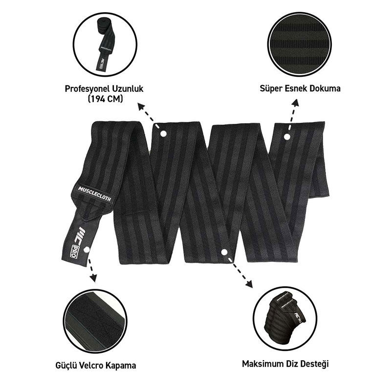 MuscleCloth Pro Knee Wraps Diz Bandajı 2'Li Paket - Cırt Bantlı Siyah