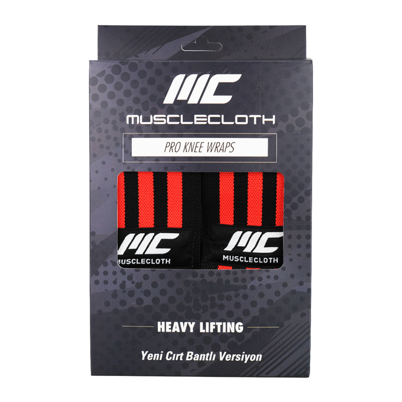 MuscleCloth Pro Knee Wraps Diz Bandajı 2'Li Paket - Cırt Bantlı Siyah Kırmızı