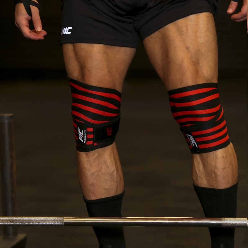 MuscleCloth Pro Knee Wraps Diz Bandajı 2'Li Paket - Cırt Bantlı Siyah Kırmızı