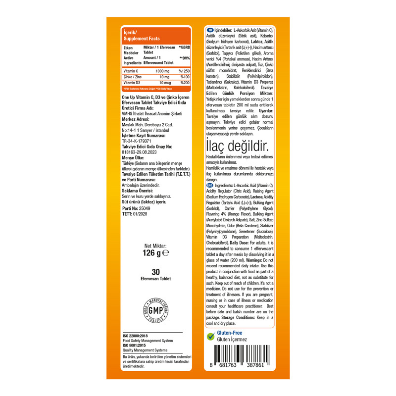 One Up Üçlü Etki C Vitamini + Çinko + D Vitamini 2 x 15 Efervesan Tablet