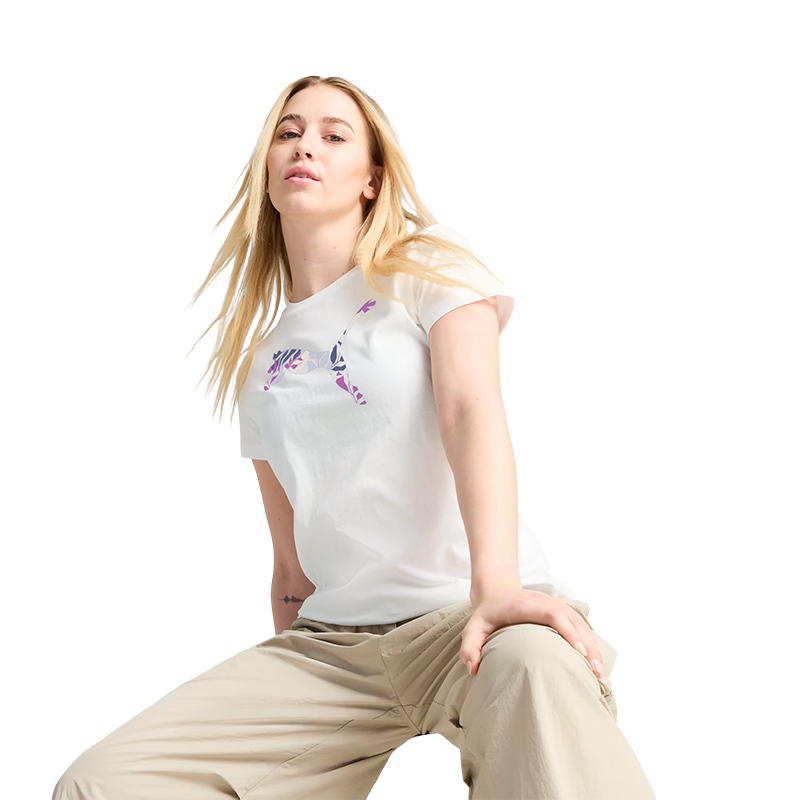 Puma Graphics Floral Cat Logo Kadın Kısa Kollu T-Shirt Beyaz