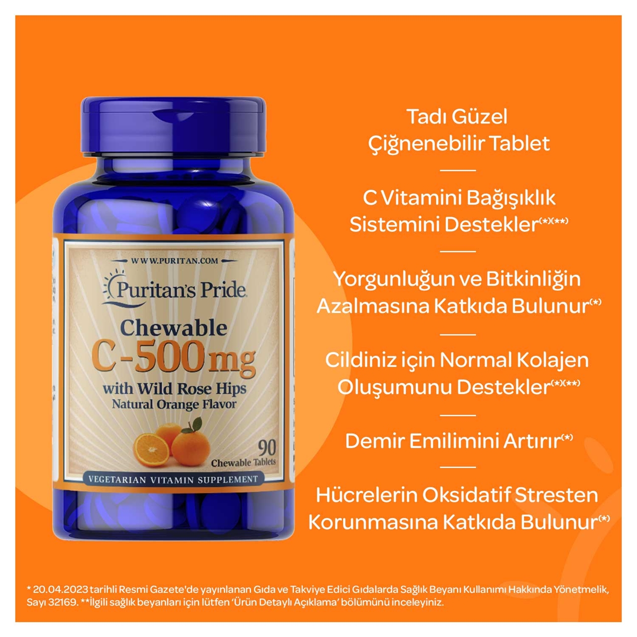 Puritan's Pride Vitamin C 500 Mg with Rose Hips 90 Çiğnenebilir Tablet