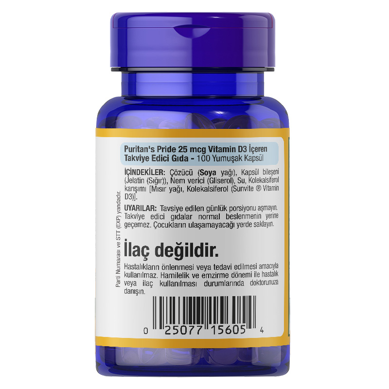 Puritan's Pride Vitamin D3 25 Mcg 1000 IU 100 Yumuşak Kapsül
