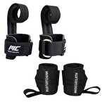 MuscleCloth Big Grip Pro Lifting Straps + Pro Wrist Wraps Seti Siyah