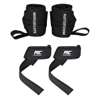 MuscleCloth Pro Wrist Wraps + Padded Lifting Straps Seti Siyah