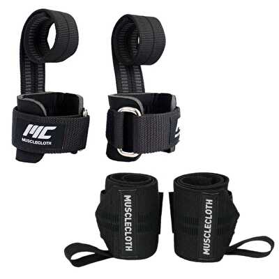 MuscleCloth Big Grip Pro Lifting Straps + Pro Wrist Wraps Seti Siyah