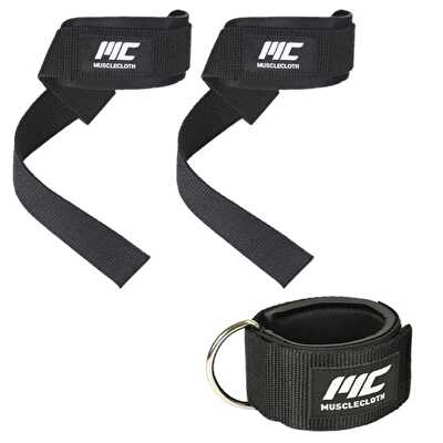 MuscleCloth Padded Lifting Straps + Padded Ankle Cuff Seti Siyah